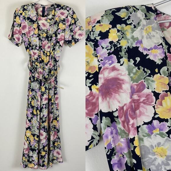 Vintage Carol Anderson Floral Long Dress Lightly Padded with Belt Size 4 - Picture 1 of 13